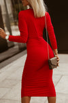 Fiery Red Long Sleeves Wrap V Neck Ruched Sheath Bodycon Dress