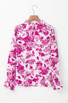 Rose Floral Print Flounce Sleeve Keyhole Back Blouse