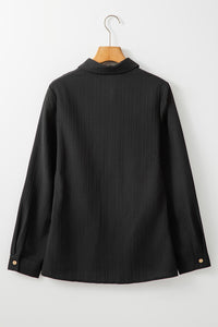 Black Solid Color Textured Buttoned Turn Down Collar Shirt