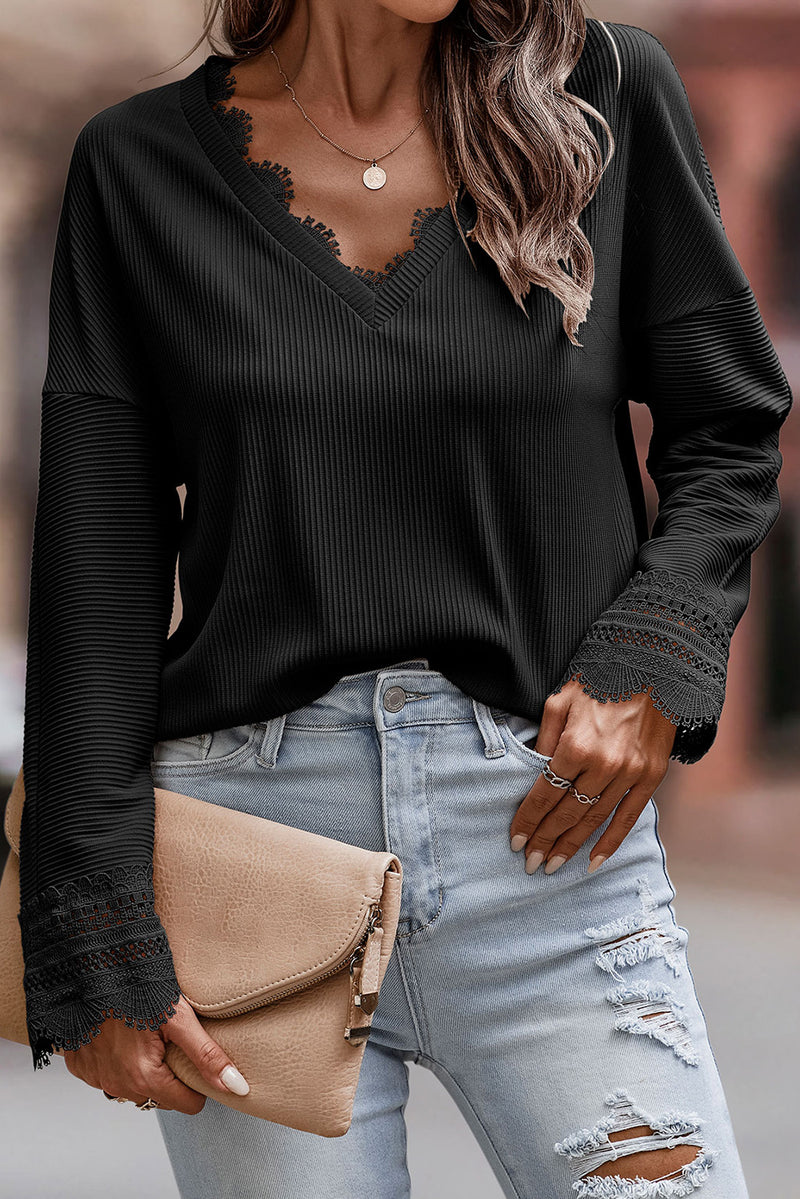 Black Ribbed Texture Lace Trim V Neck Long Sleeve Top