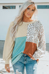 Leopard Patchwork Color Block Ribbed Long Sleeve Top