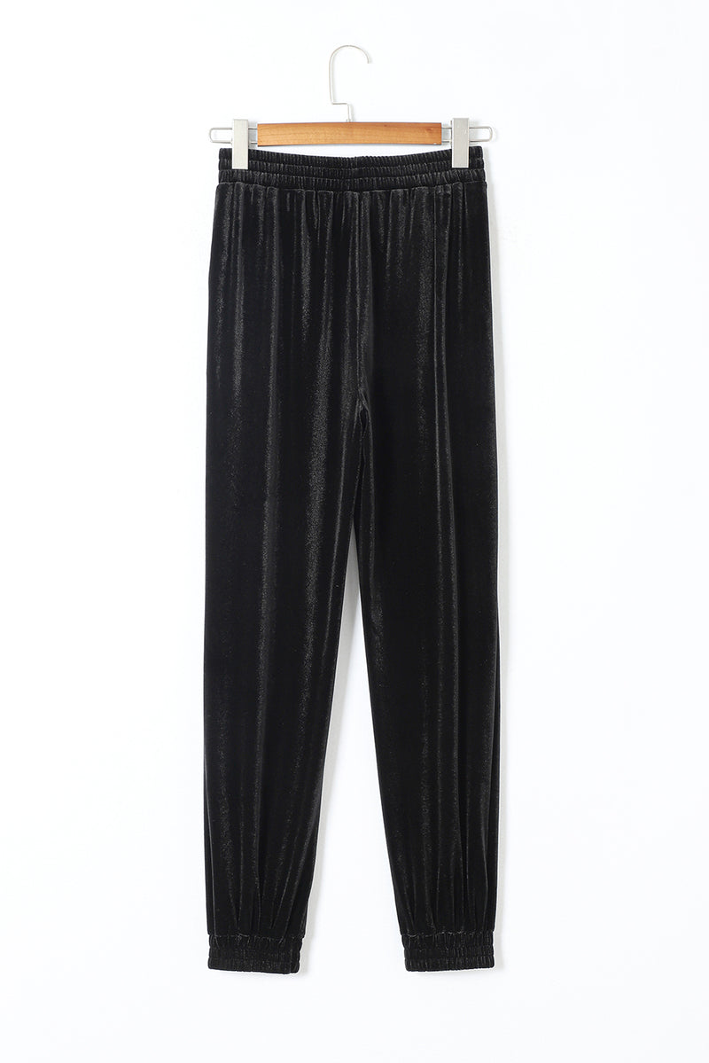 Black Solid Velvet Jogger Pants