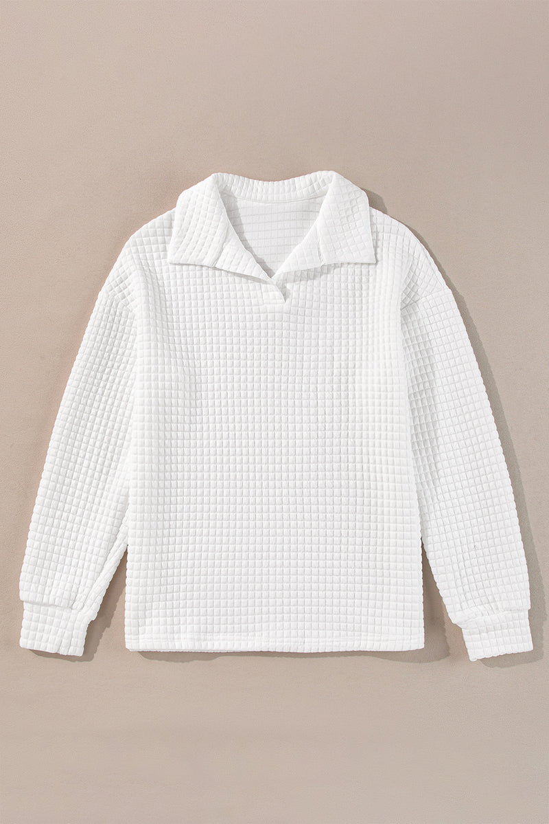 White Quilted Texture Sporty Collared Long Sleeve Top