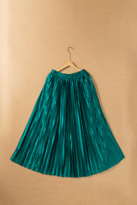 Blackish Green Satin Elastic Waist Pleated Maxi Skirt