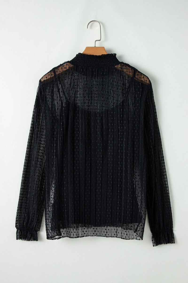 Black Dotty Lace Sheer Mock Neck Long Sleeve Blouse