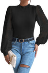 Black Sunflower Mesh Bubble Sleeve Waffle Knit Top