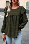 Blackish Green Lace Eyelet Ruffle Shoulder Long Sleeve Blouse