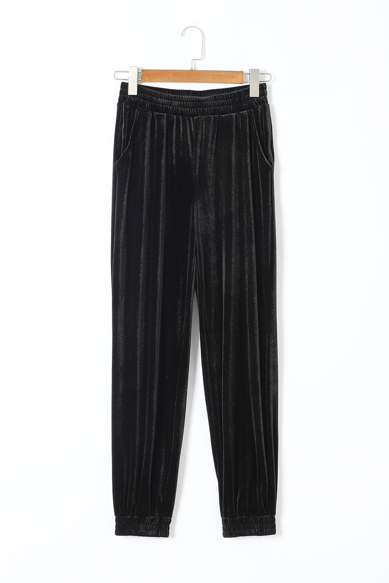 Black Solid Velvet Jogger Pants